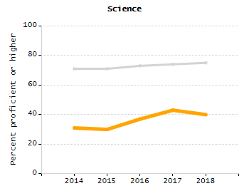 Bar chart showing student race and ethnicity percentages. White: 29.1%, Native Hawaiian or Other Pacific Islander: 0%, Multi-Race, Not Hispanic or Latino: 7.1%, Hispanic or Latino: 9.4%, Black or African American: 7.1%, Asian: 46.4%, American Indian or Alaska Native: 1%.