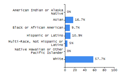 Bar chart showing student race and ethnicity percentages. White: 61.7%, Native Hawaiian or Other Pacific Islander: 0.5%, Multi-Race, Not Hispanic or Latino: 11.8%, Hispanic or Latino: 11.3%, Black or African American: 9.7%, Asian: 5%, American Indian or Alaska Native: 0%.