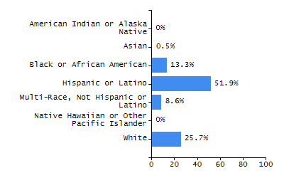 Bar chart showing student race and ethnicity percentages. White: 77.5%, Native Hawaiian or Other Pacific Islander: 0%, Multi-Race, Not Hispanic or Latino: 4.3%, Hispanic or Latino: 8.2%, Black or African American: 8.5%, Asian: 0.8%, American Indian or Alaska Native: 0.7%.
