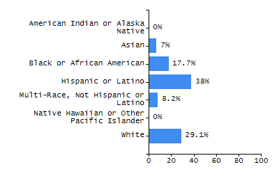 Bar chart showing student race and ethnicity percentages. White: 29.1%, Native Hawaiian or Other Pacific Islander: 0%, Multi-Race, Not Hispanic or Latino: 8.2%, Hispanic or Latino: 38%, Black or African American: 17.7%, Asian: 7%, American Indian or Alaska Native: 0%.