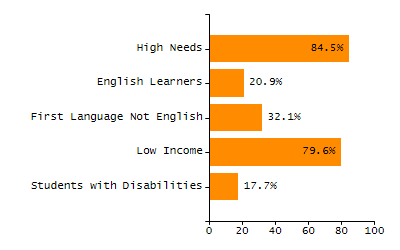 Bar chart showing selected student populations. Students with Disabilities: 97.8%, Low Income: 97.8%, First Language Not English: 22.2%, English Learners: 13.3%, High Needs: 100%.
