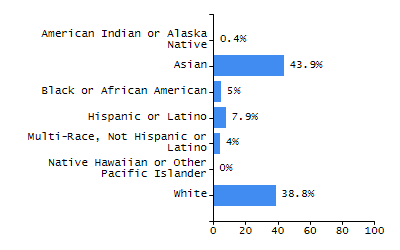 Bar chart showing student race and ethnicity percentages. White: 75%, Native Hawaiian or Other Pacific Islander: 0.1%, Multi-Race, Not Hispanic or Latino: 4.5%, Hispanic or Latino: 12.6%, Black or African American: 7%, Asian: 0.3%, American Indian or Alaska Native: 0.4%.