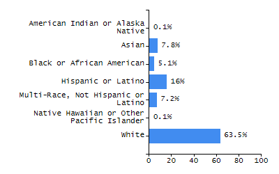 Bar chart showing selected student populations. Students with Disabilities: 23.8%, Low Income: 37.5%, First Language Not English: 12.7%, English Learners: 2.8%, High Needs: 54.3%.
