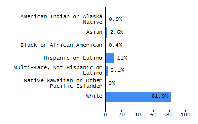 Bar chart showing student race and ethnicity percentages. White: 57.4%, Native Hawaiian or Other Pacific Islander: 0%, Multi-Race, Not Hispanic or Latino: 5.8%, Hispanic or Latino: 10.3%, Black or African American: 25.3%, Asian: 0.9%, American Indian or Alaska Native: 0.3%.