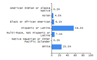 Bar chart showing student race and ethnicity percentages. White: 25.5%, Native Hawaiian or Other Pacific Islander: 0.2%, Multi-Race, Not Hispanic or Latino: 7.1%, Hispanic or Latino: 56.5%, Black or African American: 6.1%, Asian: 4.5%, American Indian or Alaska Native: 0.2%.