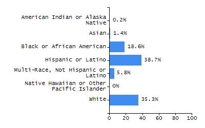 Bar chart showing student race and ethnicity percentages. White: 81.1%, Native Hawaiian or Other Pacific Islander: 0%, Multi-Race, Not Hispanic or Latino: 3.4%, Hispanic or Latino: 11.8%, Black or African American: 3%, Asian: 0.7%, American Indian or Alaska Native: 0%.