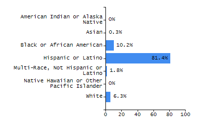 Bar chart showing student race and ethnicity percentages. White: 9.3%, Native Hawaiian or Other Pacific Islander: 0.1%, Multi-Race, Not Hispanic or Latino: 5.6%, Hispanic or Latino: 24.4%, Black or African American: 55.5%, Asian: 4.4%, American Indian or Alaska Native: 0.6%.