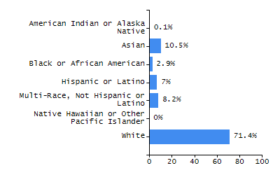 Bar chart showing selected student populations. Students with Disabilities: 19.4%, Low Income: 27.1%, First Language Not English: 10.8%, English Learners: 8%, High Needs: 40%.