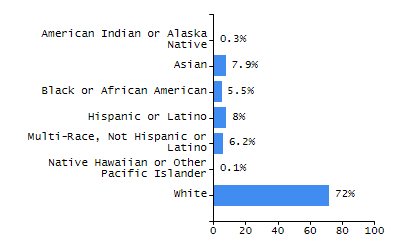 Bar chart showing student race and ethnicity percentages. White: 72%, Native Hawaiian or Other Pacific Islander: 0.1%, Multi-Race, Not Hispanic or Latino: 6.2%, Hispanic or Latino: 8%, Black or African American: 5.5%, Asian: 7.9%, American Indian or Alaska Native: 0.3%.