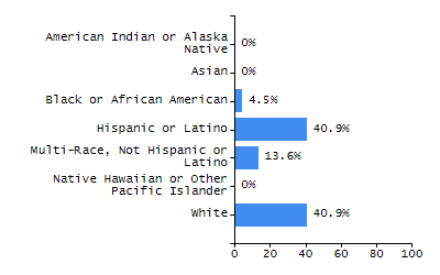 Bar chart showing student race and ethnicity percentages. White: 2.4%, Native Hawaiian or Other Pacific Islander: 0.2%, Multi-Race, Not Hispanic or Latino: 2.6%, Hispanic or Latino: 55.4%, Black or African American: 36.3%, Asian: 3.1%, American Indian or Alaska Native: 0%.