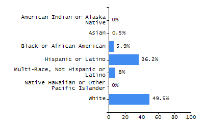 Bar chart showing student race and ethnicity percentages. White: 49.5%, Native Hawaiian or Other Pacific Islander: 0%, Multi-Race, Not Hispanic or Latino: 8%, Hispanic or Latino: 36.2%, Black or African American: 5.9%, Asian: 0.5%, American Indian or Alaska Native: 0%.