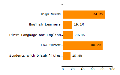 Bar chart showing selected student populations. Students with Disabilities: 15.9%, Low Income: 80.2%, First Language Not English: 20.8%, English Learners: 19.1%, High Needs: 84.8%.