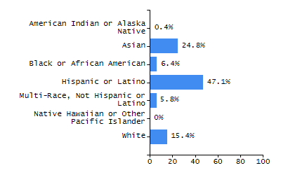 Bar chart showing selected student populations. Students with Disabilities: 24.9%, Low Income: 92.3%, First Language Not English: 45.9%, English Learners: 32.6%, High Needs: 95.4%.