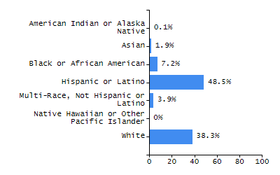 Bar chart showing student race and ethnicity percentages. White: 47.1%, Native Hawaiian or Other Pacific Islander: 0%, Multi-Race, Not Hispanic or Latino: 5.4%, Hispanic or Latino: 37.7%, Black or African American: 6.3%, Asian: 3.6%, American Indian or Alaska Native: 0%.
