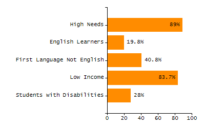 Bar chart showing student race and ethnicity percentages. White: 63.4%, Native Hawaiian or Other Pacific Islander: 0%, Multi-Race, Not Hispanic or Latino: 4.4%, Hispanic or Latino: 19.1%, Black or African American: 9%, Asian: 4%, American Indian or Alaska Native: 0%.