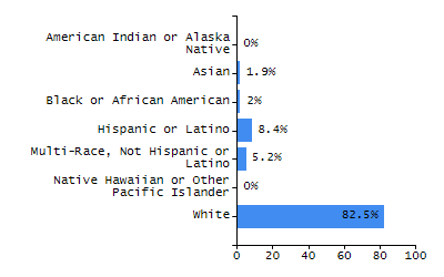 Bar chart showing student race and ethnicity percentages. White: 49.8%, Native Hawaiian or Other Pacific Islander: 0%, Multi-Race, Not Hispanic or Latino: 7.7%, Hispanic or Latino: 6.5%, Black or African American: 5.2%, Asian: 30.6%, American Indian or Alaska Native: 0.2%.