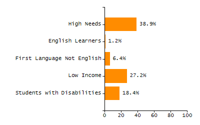 Bar chart showing student race and ethnicity percentages. White: 35%, Native Hawaiian or Other Pacific Islander: 0%, Multi-Race, Not Hispanic or Latino: 12.6%, Hispanic or Latino: 30%, Black or African American: 21.1%, Asian: 1.1%, American Indian or Alaska Native: 0.3%.