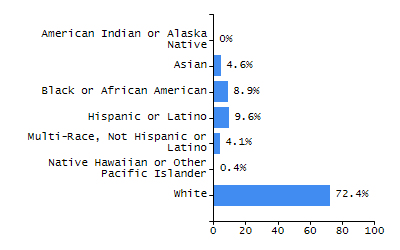 Bar chart showing student race and ethnicity percentages. White: 45.5%, Native Hawaiian or Other Pacific Islander: 0%, Multi-Race, Not Hispanic or Latino: 1.9%, Hispanic or Latino: 39.6%, Black or African American: 9.7%, Asian: 3.2%, American Indian or Alaska Native: 0%.