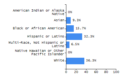 Bar chart showing student race and ethnicity percentages. White: 36.3%, Native Hawaiian or Other Pacific Islander: 0%, Multi-Race, Not Hispanic or Latino: 6.5%, Hispanic or Latino: 32.3%, Black or African American: 15.7%, Asian: 9.3%, American Indian or Alaska Native: 0%.