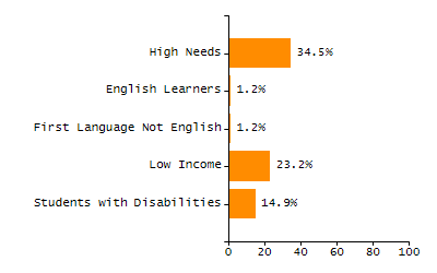 Bar chart showing selected student populations. Students with Disabilities: 11.1%, Low Income: 19.5%, First Language Not English: 10%, English Learners: 8.5%, High Needs: 29.4%.