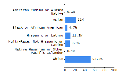 Bar chart showing student race and ethnicity percentages. White: 61.1%, Native Hawaiian or Other Pacific Islander: 0%, Multi-Race, Not Hispanic or Latino: 3.8%, Hispanic or Latino: 16.6%, Black or African American: 7.4%, Asian: 9.6%, American Indian or Alaska Native: 1.6%.