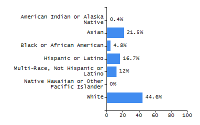 Bar chart showing student race and ethnicity percentages. White: 0.5%, Native Hawaiian or Other Pacific Islander: 0.5%, Multi-Race, Not Hispanic or Latino: 0%, Hispanic or Latino: 97.2%, Black or African American: 0.9%, Asian: 0.9%, American Indian or Alaska Native: 0%.