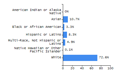Bar chart showing student race and ethnicity percentages. White: 74%, Native Hawaiian or Other Pacific Islander: 0%, Multi-Race, Not Hispanic or Latino: 4.3%, Hispanic or Latino: 17.4%, Black or African American: 2.5%, Asian: 1.7%, American Indian or Alaska Native: 0.1%.