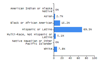 Bar chart showing student race and ethnicity percentages. White: 42.7%, Native Hawaiian or Other Pacific Islander: 0.3%, Multi-Race, Not Hispanic or Latino: 2.8%, Hispanic or Latino: 29.7%, Black or African American: 18.9%, Asian: 5%, American Indian or Alaska Native: 0.6%.