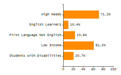 Bar chart showing student race and ethnicity percentages. White: 66.8%, Native Hawaiian or Other Pacific Islander: 0.3%, Multi-Race, Not Hispanic or Latino: 5.8%, Hispanic or Latino: 11.4%, Black or African American: 13.2%, Asian: 2%, American Indian or Alaska Native: 0.4%.