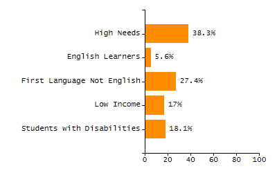 Bar chart showing student race and ethnicity percentages. White: 74.4%, Native Hawaiian or Other Pacific Islander: 0.1%, Multi-Race, Not Hispanic or Latino: 8.8%, Hispanic or Latino: 9%, Black or African American: 6.3%, Asian: 0.5%, American Indian or Alaska Native: 0.8%.