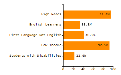 Bar chart showing selected student populations. Students with Disabilities: 18%, Low Income: 28%, First Language Not English: 0.8%, English Learners: 0.4%, High Needs: 41%.