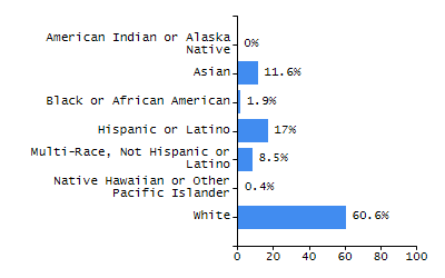 Bar chart showing student race and ethnicity percentages. White: 60.6%, Native Hawaiian or Other Pacific Islander: 0.4%, Multi-Race, Not Hispanic or Latino: 8.5%, Hispanic or Latino: 17%, Black or African American: 1.9%, Asian: 11.6%, American Indian or Alaska Native: 0%.