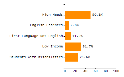 Bar chart showing student race and ethnicity percentages. White: 90.7%, Native Hawaiian or Other Pacific Islander: 0.3%, Multi-Race, Not Hispanic or Latino: 4.4%, Hispanic or Latino: 2.7%, Black or African American: 1.4%, Asian: 0.3%, American Indian or Alaska Native: 0.3%.
