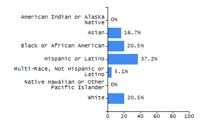 Bar chart showing student race and ethnicity percentages. White: 20.5%, Native Hawaiian or Other Pacific Islander: 0%, Multi-Race, Not Hispanic or Latino: 5.1%, Hispanic or Latino: 37.2%, Black or African American: 20.5%, Asian: 16.7%, American Indian or Alaska Native: 0%.