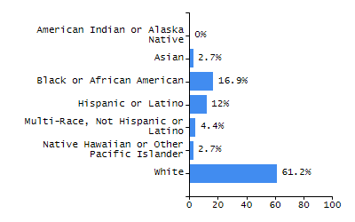 Bar chart showing selected student populations. Students with Disabilities: 22.7%, Low Income: 9.4%, First Language Not English: 4.8%, English Learners: 1.2%, High Needs: 28.8%.