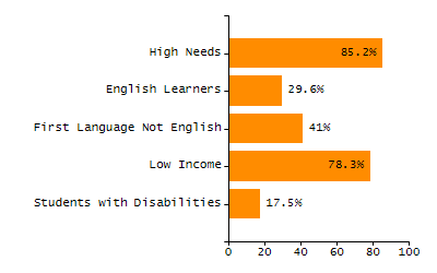 Bar chart showing selected student populations. Students with Disabilities: 19.1%, Low Income: 52.5%, First Language Not English: 39.1%, English Learners: 18.2%, High Needs: 67.8%.