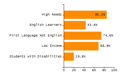 Bar chart showing student race and ethnicity percentages. White: 46.2%, Native Hawaiian or Other Pacific Islander: 0%, Multi-Race, Not Hispanic or Latino: 2.4%, Hispanic or Latino: 46.3%, Black or African American: 3.6%, Asian: 1.4%, American Indian or Alaska Native: 0%.