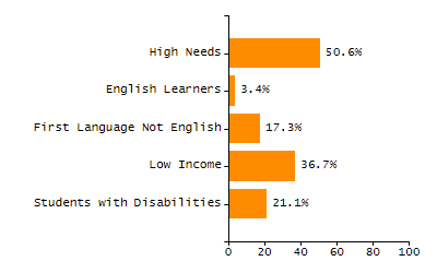 Bar chart showing student race and ethnicity percentages. White: 12.5%, Native Hawaiian or Other Pacific Islander: 0%, Multi-Race, Not Hispanic or Latino: 2.6%, Hispanic or Latino: 25.8%, Black or African American: 57.4%, Asian: 1.1%, American Indian or Alaska Native: 0.6%.