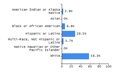 Bar chart showing student race and ethnicity percentages. White: 85.2%, Native Hawaiian or Other Pacific Islander: 0.6%, Multi-Race, Not Hispanic or Latino: 5.3%, Hispanic or Latino: 6.1%, Black or African American: 1.4%, Asian: 1.4%, American Indian or Alaska Native: 0%.