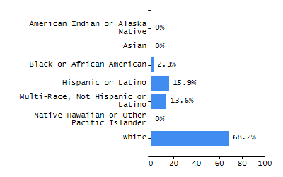 Bar chart showing student race and ethnicity percentages. White: 56.3%, Native Hawaiian or Other Pacific Islander: 0%, Multi-Race, Not Hispanic or Latino: 5.8%, Hispanic or Latino: 17.8%, Black or African American: 8%, Asian: 11.6%, American Indian or Alaska Native: 0.4%.