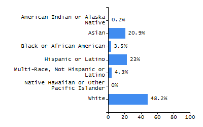 Bar chart showing student race and ethnicity percentages. White: 2.3%, Native Hawaiian or Other Pacific Islander: 0%, Multi-Race, Not Hispanic or Latino: 0.3%, Hispanic or Latino: 94.7%, Black or African American: 1.7%, Asian: 0.9%, American Indian or Alaska Native: 0%.