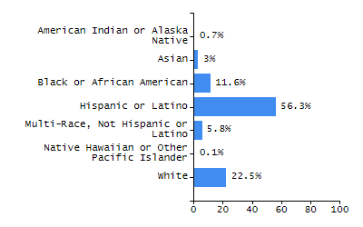Bar chart showing student race and ethnicity percentages. White: 22.5%, Native Hawaiian or Other Pacific Islander: 0.1%, Multi-Race, Not Hispanic or Latino: 5.8%, Hispanic or Latino: 56.3%, Black or African American: 11.6%, Asian: 3%, American Indian or Alaska Native: 0.7%.